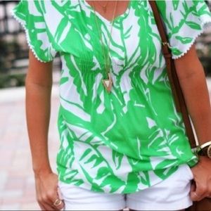 LILLY PULITZER Green and White Floral Lilly Pulitzer Blouse